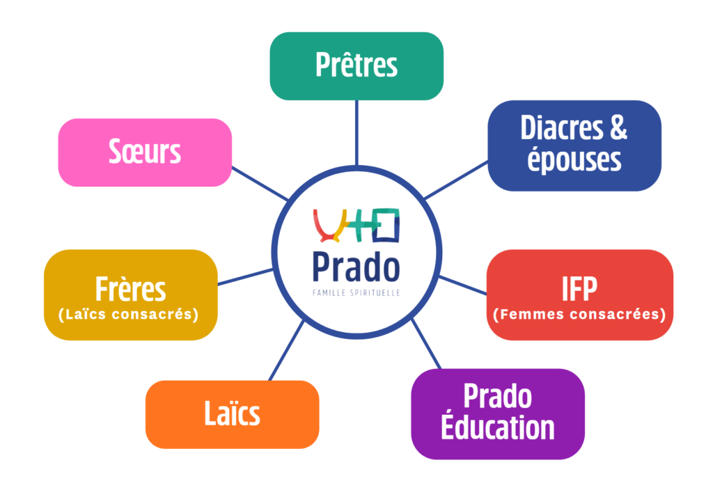 graphe Famille spirituelle du Prado, Prêtres, Sœurs, Frères (Laïcs consacrés), Laïcs, Prado Éducation, IFP (Institut Fémi